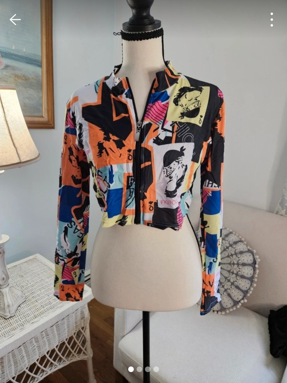 Cropped Zip-Front Graphic Top in Multicolor.